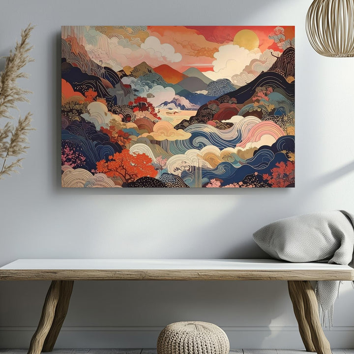 Abstract Ukiyo-e Dreamscape Canvas – Surreal Japanese Nature in Vivid Colors - Gifitto