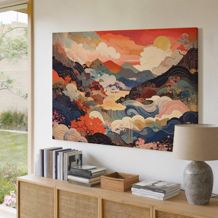 Abstract Ukiyo-e Dreamscape Canvas – Surreal Japanese Nature in Vivid Colors - Gifitto