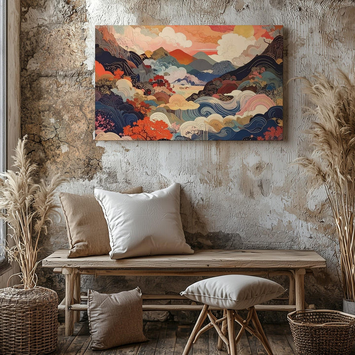 Abstract Ukiyo-e Dreamscape Canvas – Surreal Japanese Nature in Vivid Colors - Gifitto