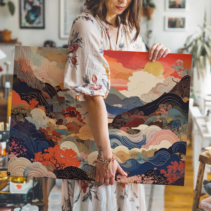 Abstract Ukiyo-e Dreamscape Canvas – Surreal Japanese Nature in Vivid Colors - Gifitto