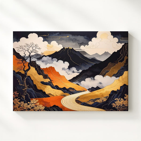 Golden Path Twilight Canvas – Abstract Japanese Landscape with Minimalist Mystery - Gifitto