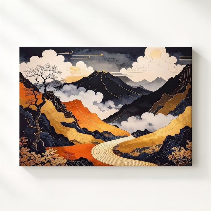 Golden Path Twilight Canvas – Abstract Japanese Landscape with Minimalist Mystery - Gifitto