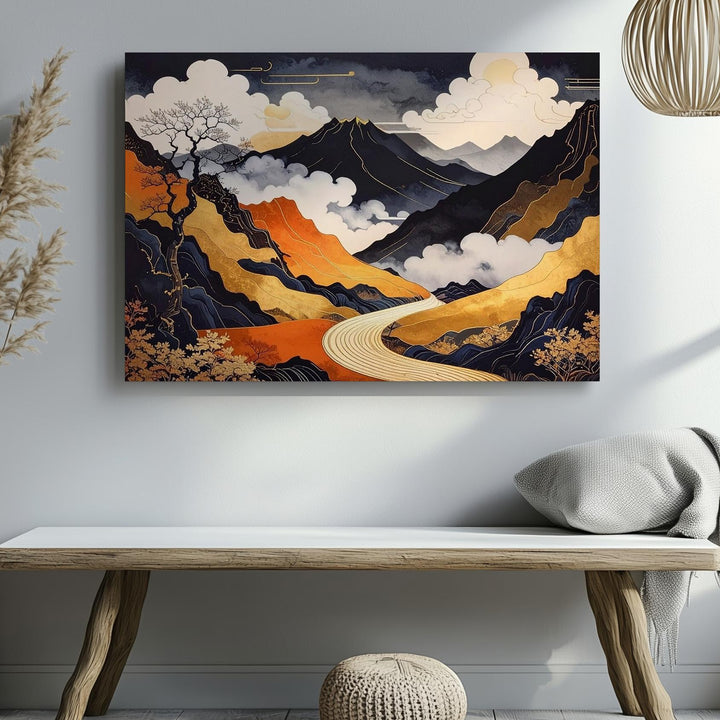 Golden Path Twilight Canvas – Abstract Japanese Landscape with Minimalist Mystery - Gifitto