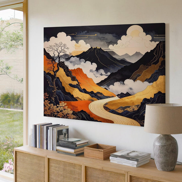 Golden Path Twilight Canvas – Abstract Japanese Landscape with Minimalist Mystery - Gifitto