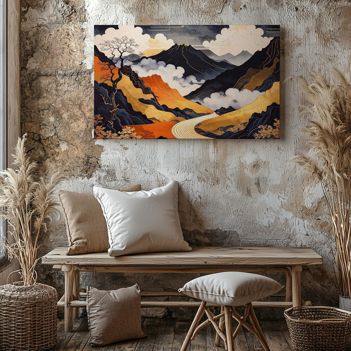 Golden Path Twilight Canvas – Abstract Japanese Landscape with Minimalist Mystery - Gifitto