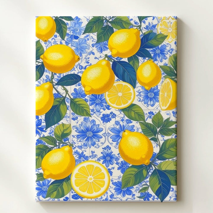 Mediterranean Lemon Pattern Canvas – Vibrant Design with Blue Floral Tiles - Gifitto