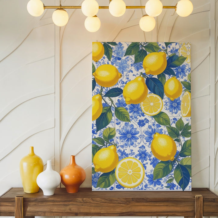 Mediterranean Lemon Pattern Canvas – Vibrant Design with Blue Floral Tiles - Gifitto