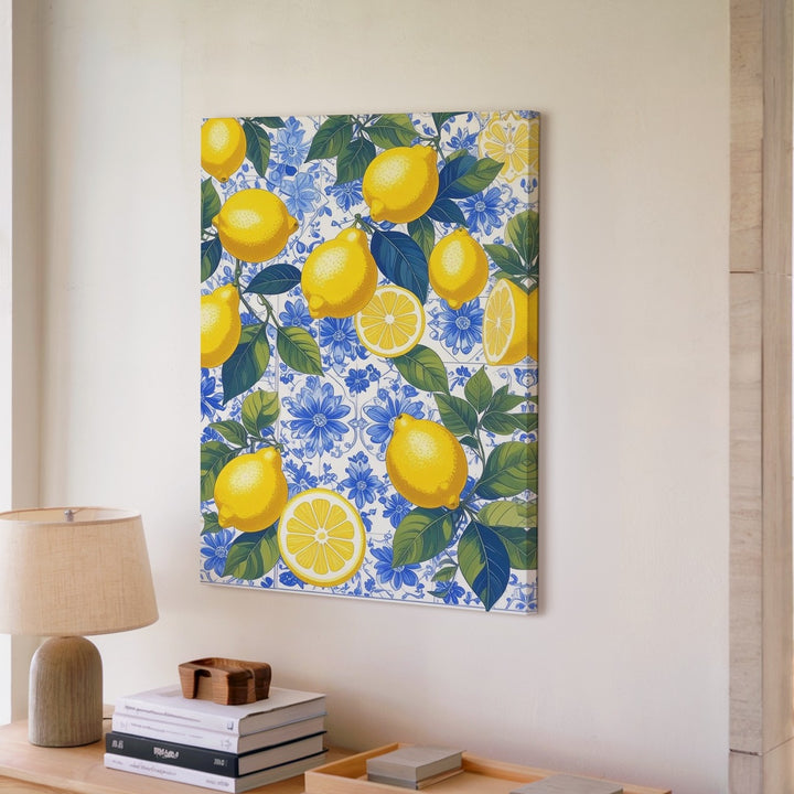 Mediterranean Lemon Pattern Canvas – Vibrant Design with Blue Floral Tiles - Gifitto