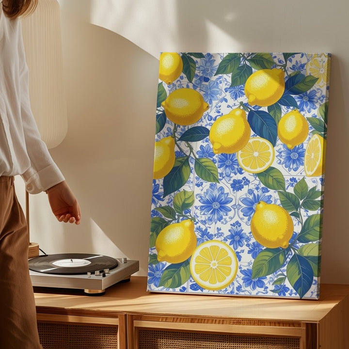 Mediterranean Lemon Pattern Canvas – Vibrant Design with Blue Floral Tiles - Gifitto