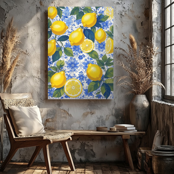 Mediterranean Lemon Pattern Canvas – Vibrant Design with Blue Floral Tiles - Gifitto