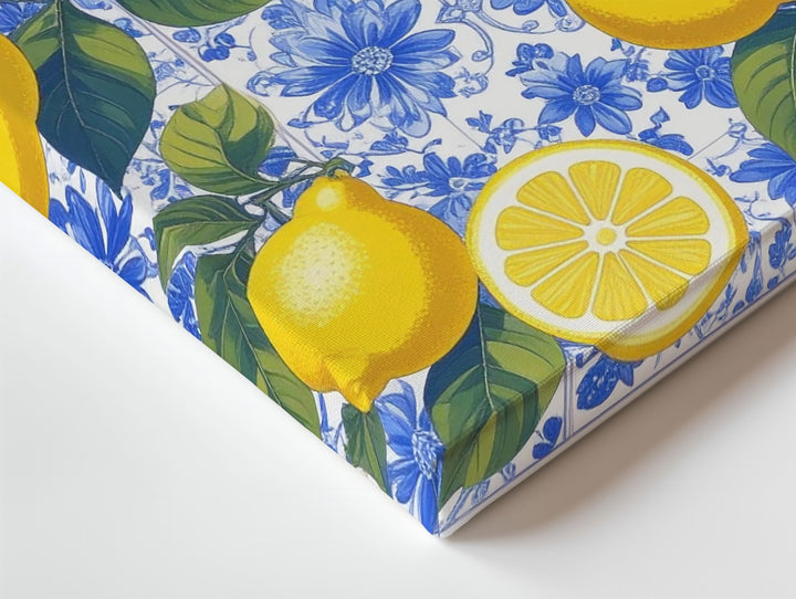 Mediterranean Lemon Pattern Canvas – Vibrant Design with Blue Floral Tiles - Gifitto