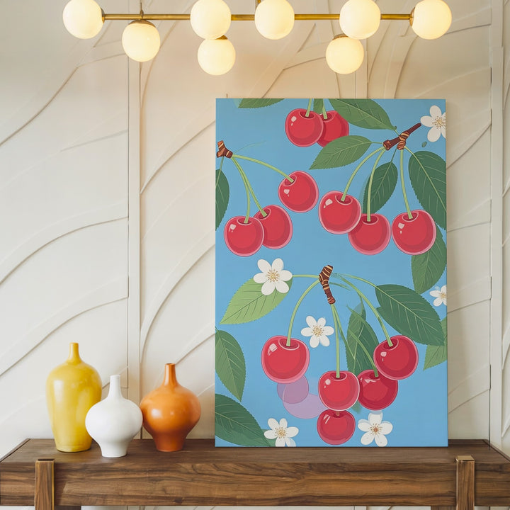 Minimalist Cherry Illustration Canvas – Playful Red Cherries with Green Stems - Gifitto