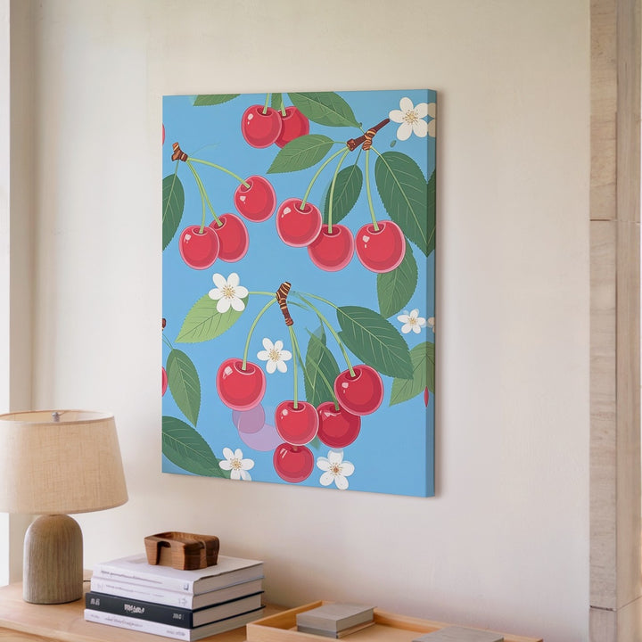Minimalist Cherry Illustration Canvas – Playful Red Cherries with Green Stems - Gifitto