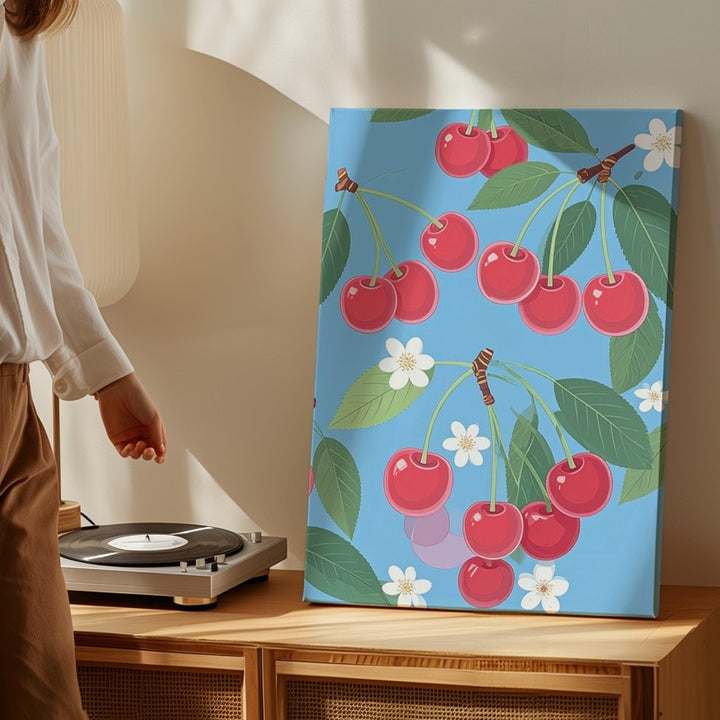 Minimalist Cherry Illustration Canvas – Playful Red Cherries with Green Stems - Gifitto