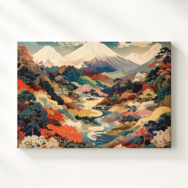 Ornamental Fuji Landscape Canvas – Vibrant Japanese Nature with Stylized Detail - Gifitto