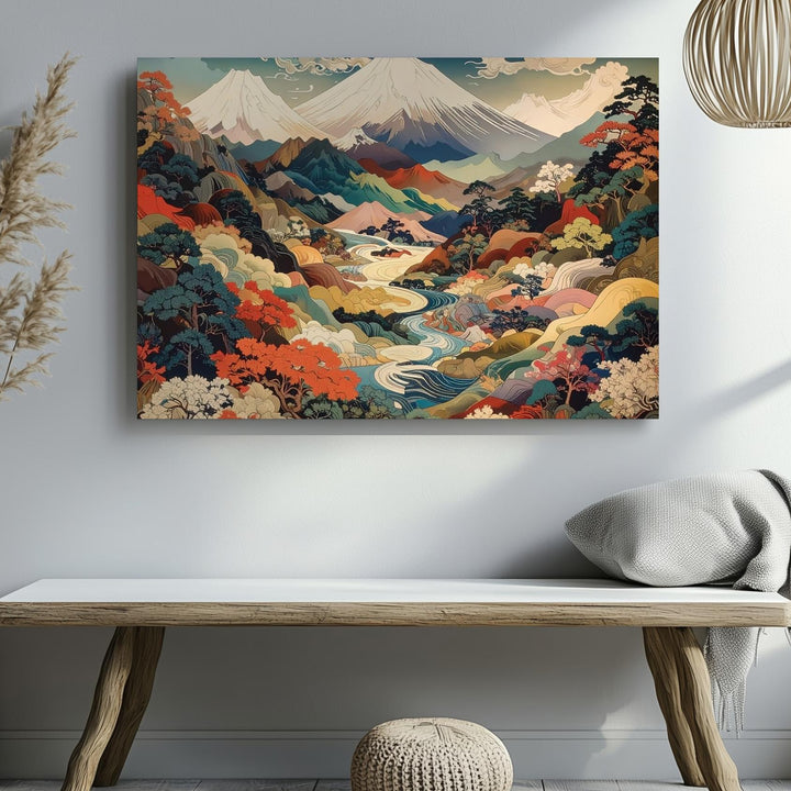 Ornamental Fuji Landscape Canvas – Vibrant Japanese Nature with Stylized Detail - Gifitto