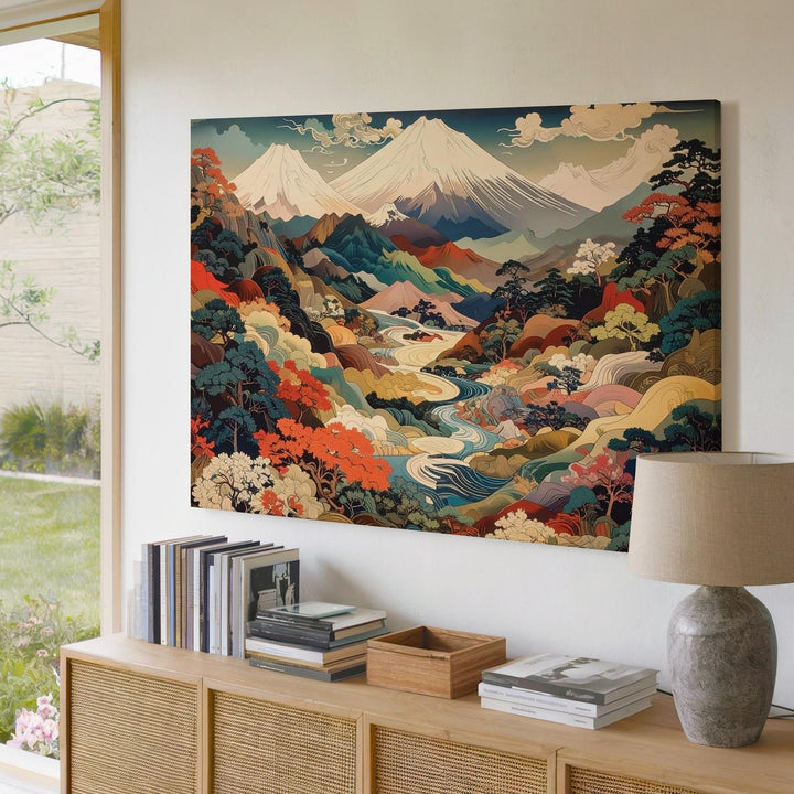 Ornamental Fuji Landscape Canvas – Vibrant Japanese Nature with Stylized Detail - Gifitto