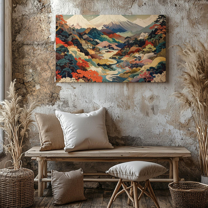 Ornamental Fuji Landscape Canvas – Vibrant Japanese Nature with Stylized Detail - Gifitto