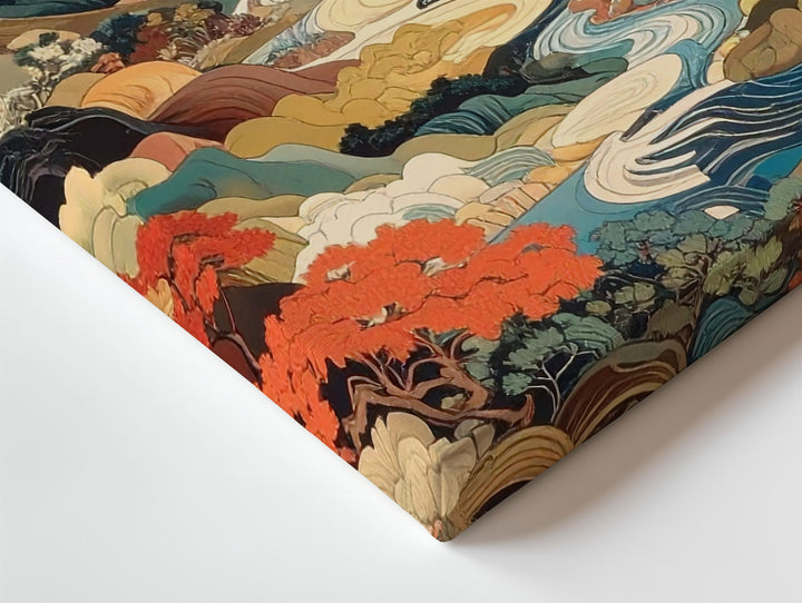 Ornamental Fuji Landscape Canvas – Vibrant Japanese Nature with Stylized Detail - Gifitto