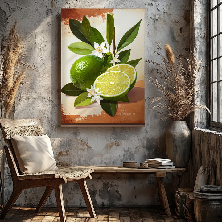 Botanical Lime Illustration Canvas – Hyper-Detailed Green Limes with Citrus Blossoms - Gifitto