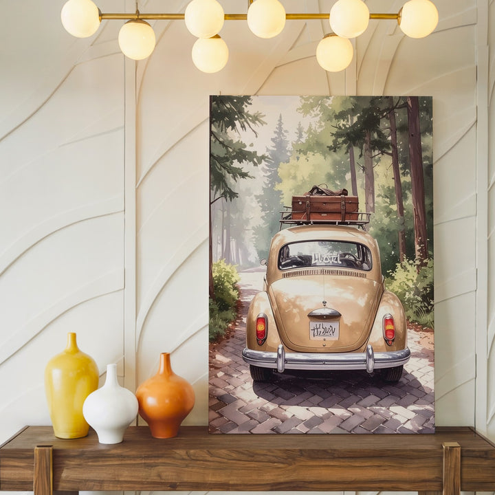 Vintage Volkswagen Beetle “Hubert” Canvas – Whimsical Travel Adventure Art - Gifitto