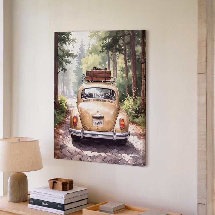 Vintage Volkswagen Beetle “Hubert” Canvas – Whimsical Travel Adventure Art - Gifitto