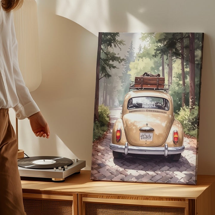 Vintage Volkswagen Beetle “Hubert” Canvas – Whimsical Travel Adventure Art - Gifitto