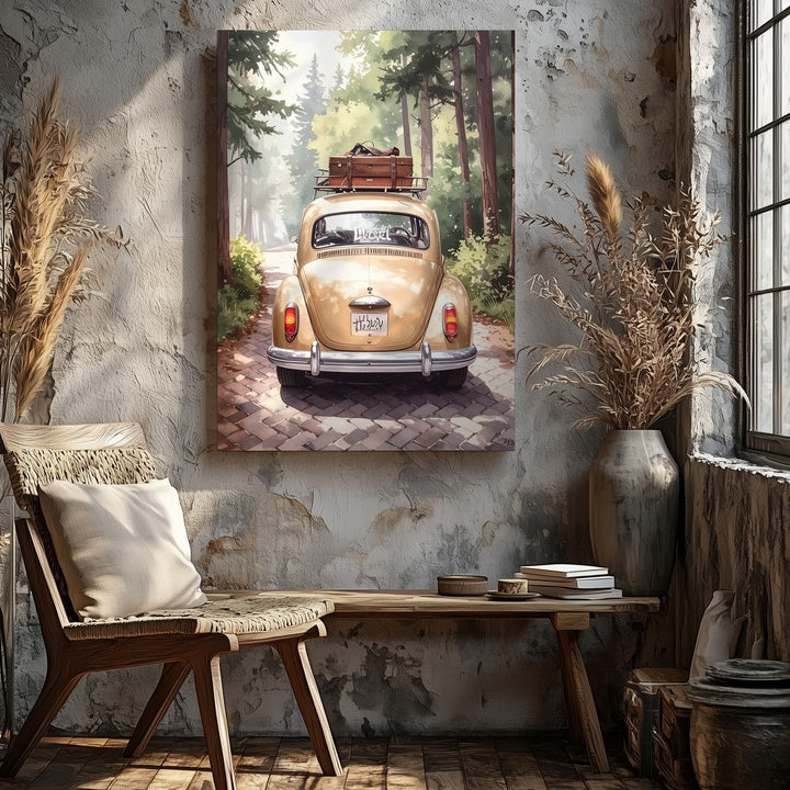 Vintage Volkswagen Beetle “Hubert” Canvas – Whimsical Travel Adventure Art - Gifitto