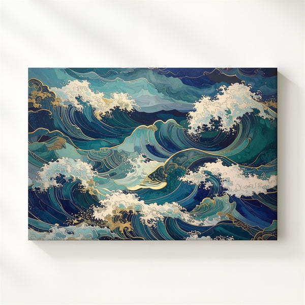 Golden Tide Canvas – Abstract Ocean Waves in Teal, Indigo & Seafoam - Gifitto