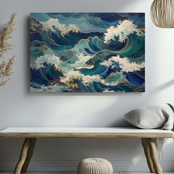 Golden Tide Canvas – Abstract Ocean Waves in Teal, Indigo & Seafoam - Gifitto
