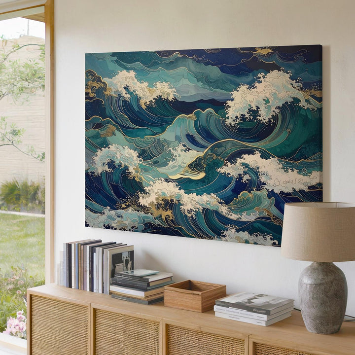 Golden Tide Canvas – Abstract Ocean Waves in Teal, Indigo & Seafoam - Gifitto