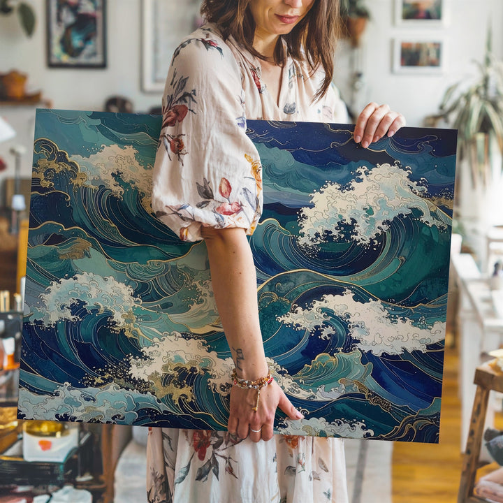 Golden Tide Canvas – Abstract Ocean Waves in Teal, Indigo & Seafoam - Gifitto