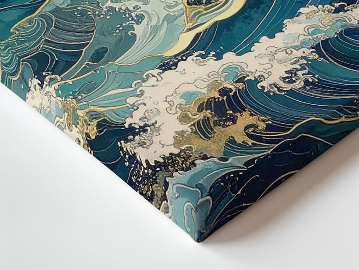 Golden Tide Canvas – Abstract Ocean Waves in Teal, Indigo & Seafoam - Gifitto