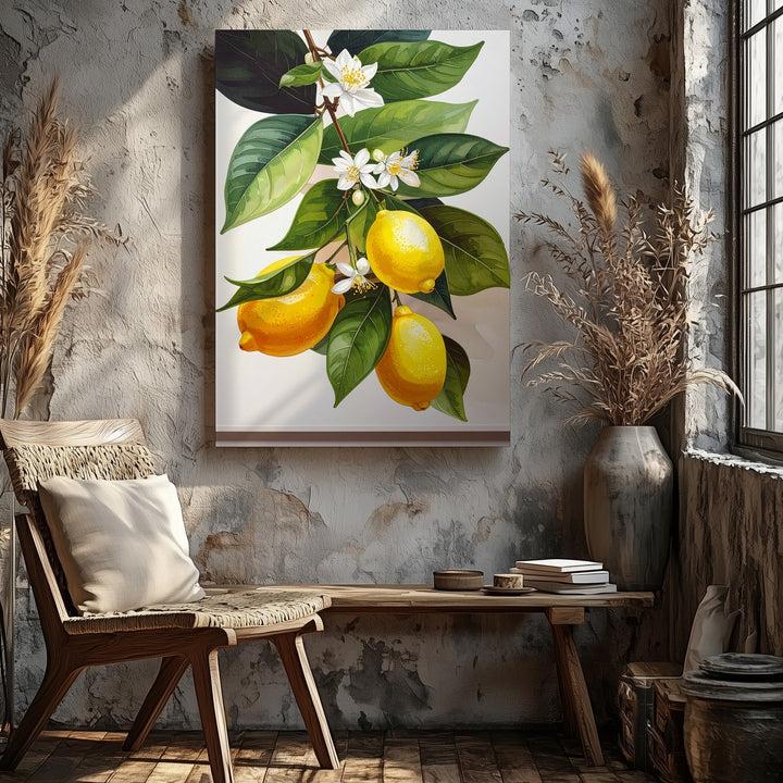 Watercolor Lemon Branch Canvas – Botanical Illustration with Citrus Blossoms - Gifitto