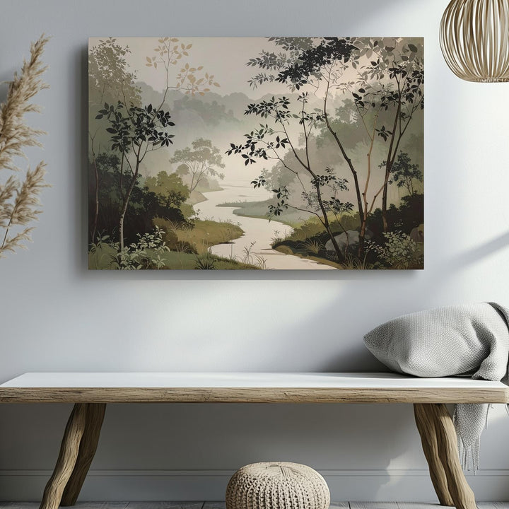 Zen Pathway Canvas – Minimalist Japanese Ink Forest in Misty Serenity - Gifitto