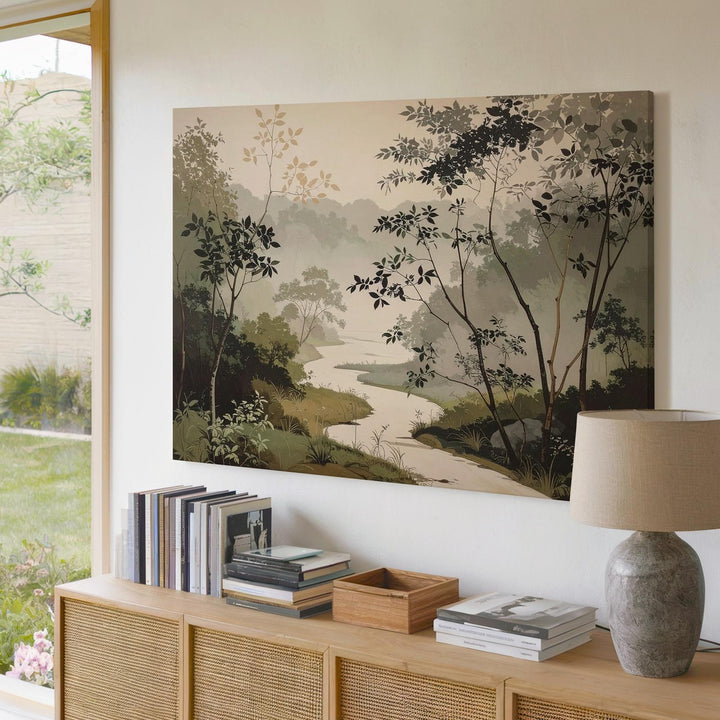 Zen Pathway Canvas – Minimalist Japanese Ink Forest in Misty Serenity - Gifitto