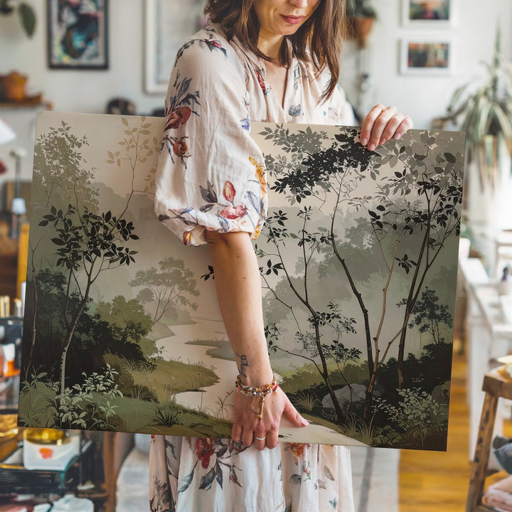 Zen Pathway Canvas – Minimalist Japanese Ink Forest in Misty Serenity - Gifitto