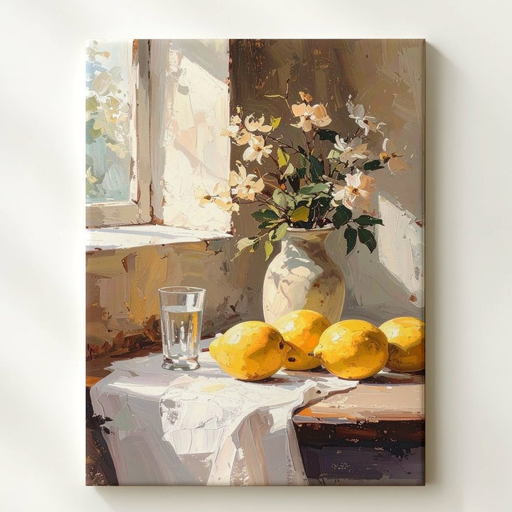 Classical Pear Still Life Canvas – Sunlit Room with Rustic Wooden Table and Pale Flowers - Gifitto
