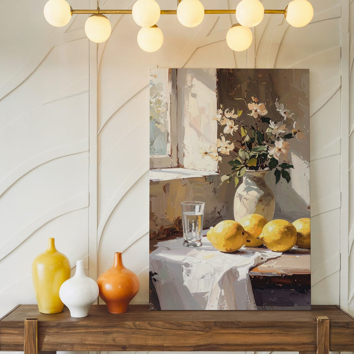Classical Pear Still Life Canvas – Sunlit Room with Rustic Wooden Table and Pale Flowers - Gifitto
