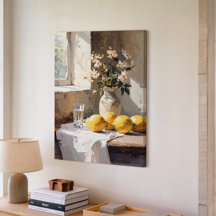 Classical Pear Still Life Canvas – Sunlit Room with Rustic Wooden Table and Pale Flowers - Gifitto