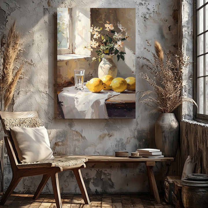 Classical Pear Still Life Canvas – Sunlit Room with Rustic Wooden Table and Pale Flowers - Gifitto