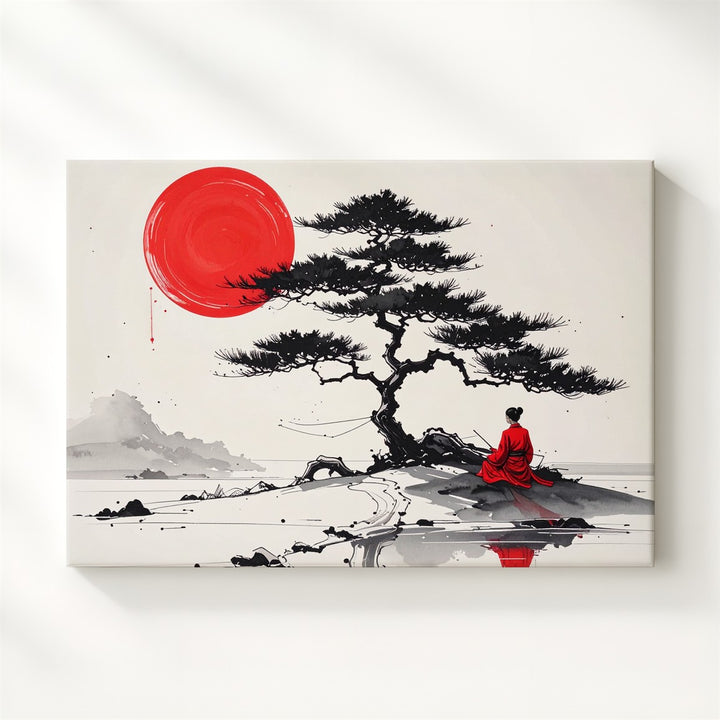 Solitude Under Pine Canvas – Minimalist Zen Art with Red Sun and Figure - Gifitto