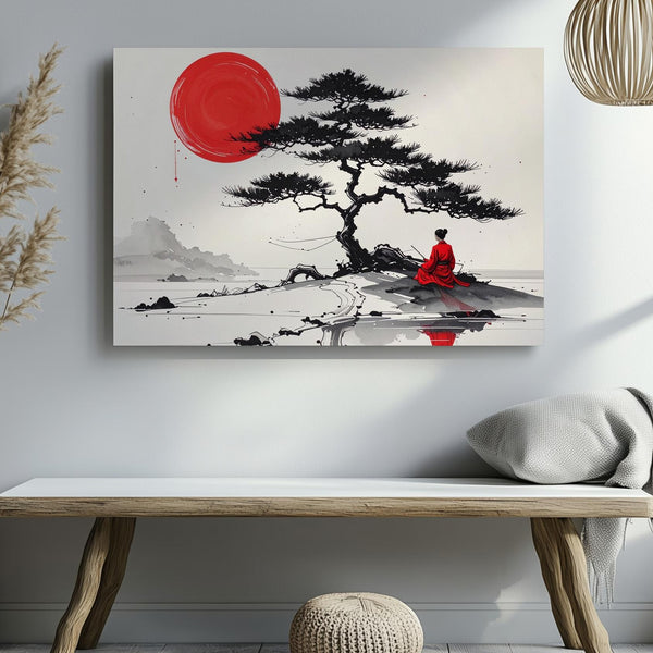 Solitude Under Pine Canvas – Minimalist Zen Art with Red Sun and Figure - Gifitto