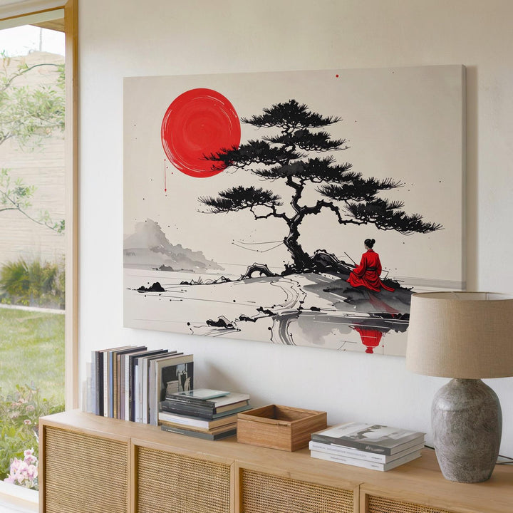 Solitude Under Pine Canvas – Minimalist Zen Art with Red Sun and Figure - Gifitto