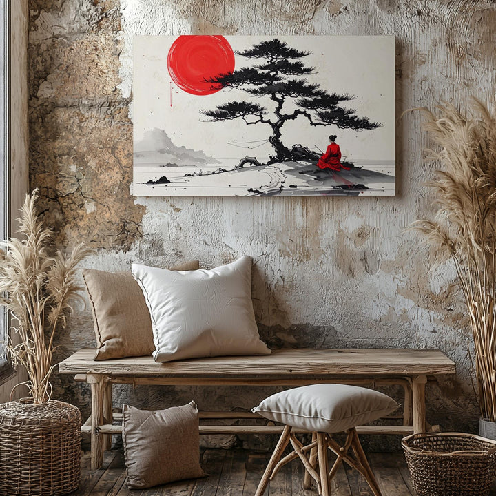 Solitude Under Pine Canvas – Minimalist Zen Art with Red Sun and Figure - Gifitto