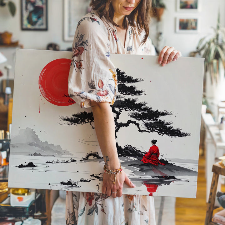 Solitude Under Pine Canvas – Minimalist Zen Art with Red Sun and Figure - Gifitto