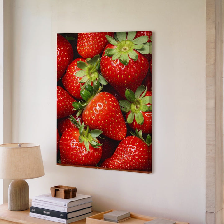 Close-Up Strawberry Photography Canvas – Vivid Red Berries with Green Tops - Gifitto