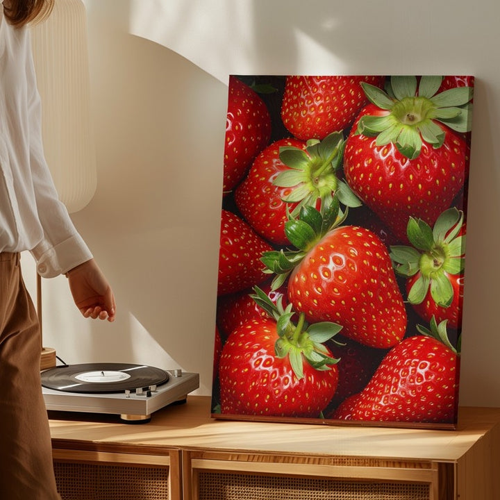Close-Up Strawberry Photography Canvas – Vivid Red Berries with Green Tops - Gifitto
