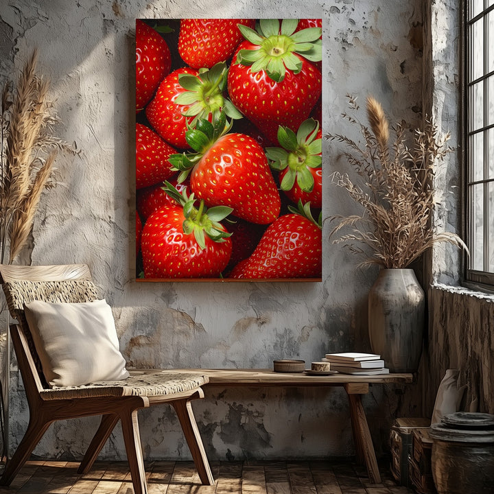 Close-Up Strawberry Photography Canvas – Vivid Red Berries with Green Tops - Gifitto