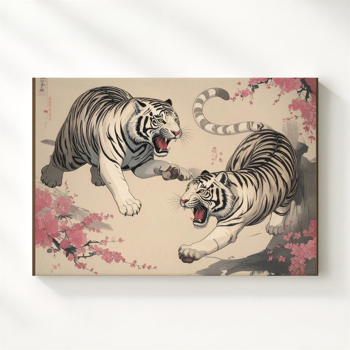 Twin White Tigers Canvas – Japanese-Inspired Dynamic Ink Illustration - Gifitto